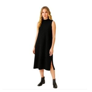 Eileen Fisher Plisse Mock Neck Midi Dress Sleeveless Black Size Small
